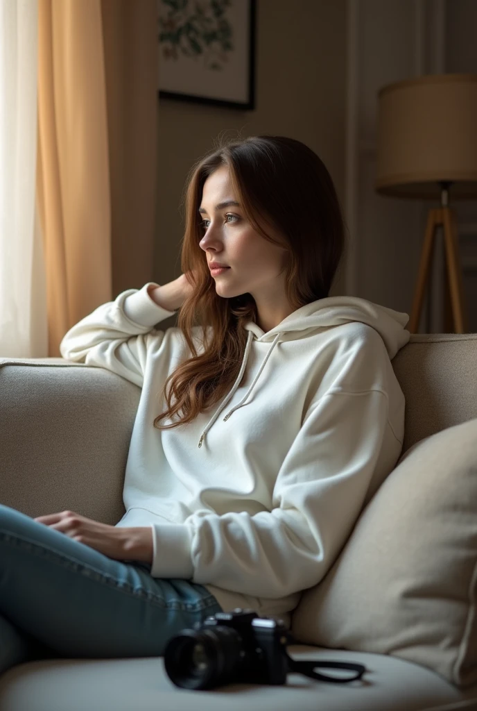 A woman who set on the sofa and wear white hoodie another cameras posee