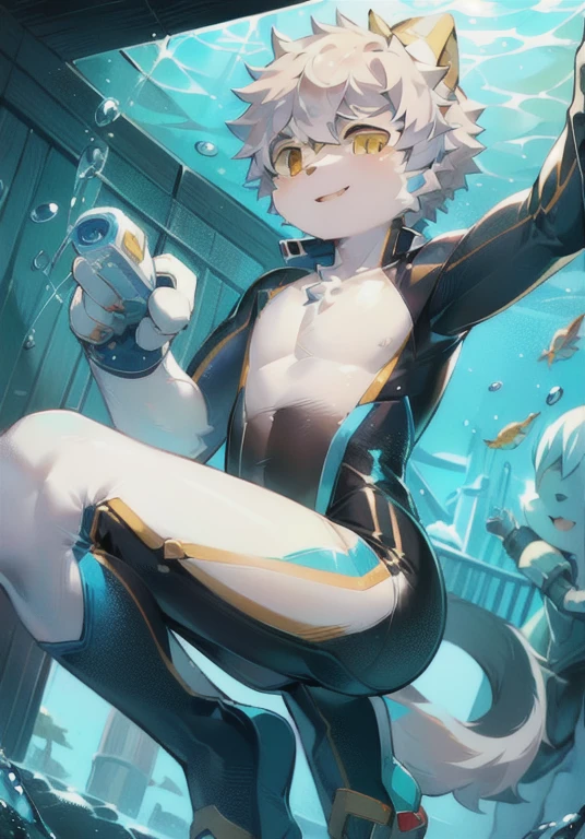 White male cat，Boys，Lovely，Q version，Silver Hair，Underwater，Detailed background，Wetsuit，Diver outfit，Golden Eyes