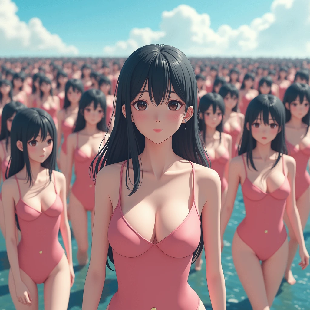高いquality illustration, masterpiece, Very delicate and beautiful, Attractive girl,(((Completely naked))), Audience reaction,thin,Slender body,slim,Beach、Beach、Ocean、Crowd in swimsuits、Surrounded by men in swimsuits,Beautiful Eyes,(masterpiece, Highest quality:1.2), High resolution, Very detailed CG ユニティ 8k 壁紙, Perfect lighting, colorful, 超High resolution,4K,Very detailed, photograph, 8k, High resolutionolution,Cowboy Shot、blush、((walk))、Black Hair、((belly button))、((Full body portrait))、short hair、((Look forward))、Blurry crowd、The blurred men、Very young girl