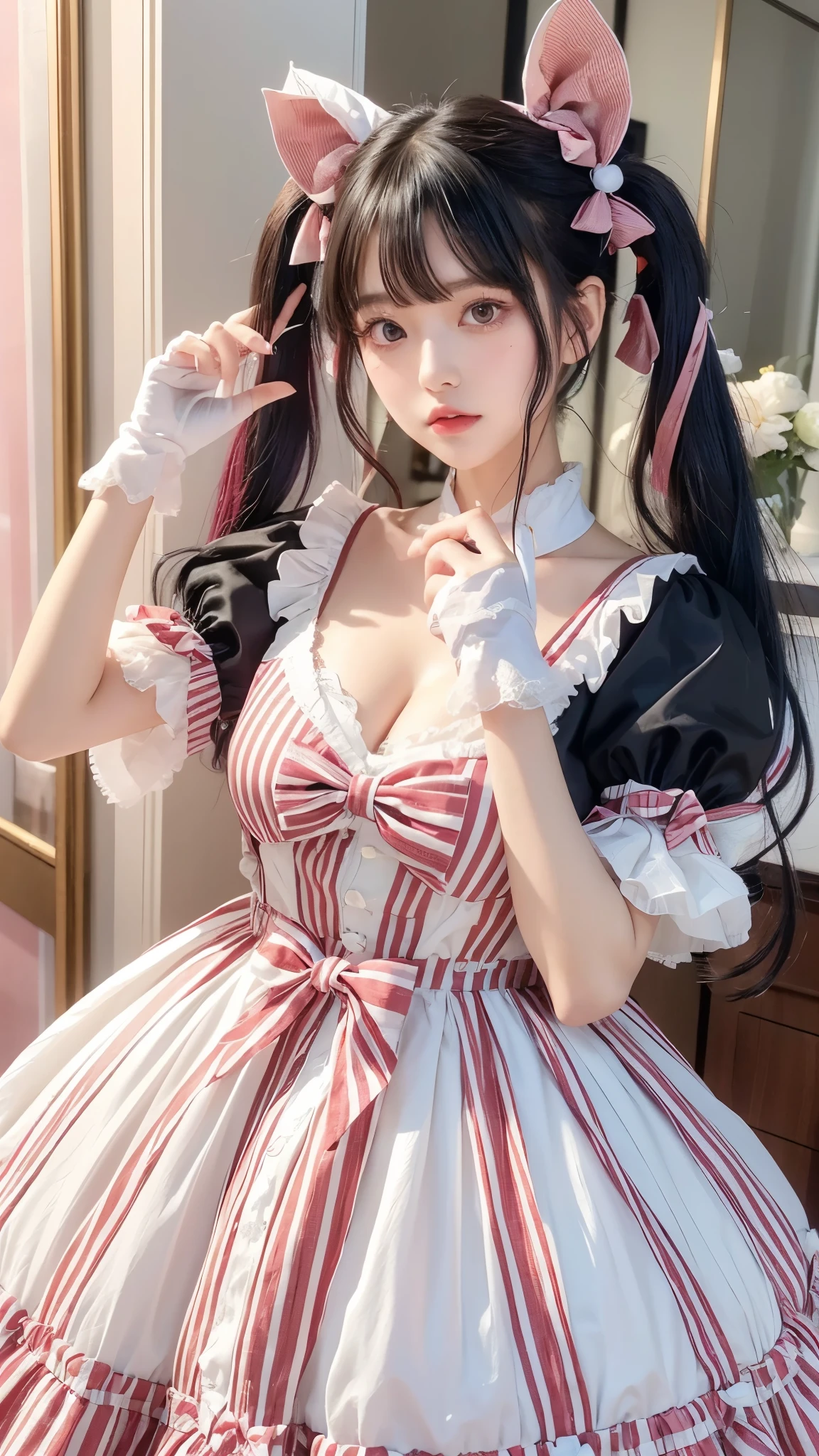 1girl, yorumi rena, virtual youtuber, solo, multicolored hair, twintails, gloves, black hair, white gloves, split-color hair, long hair, breasts, own hands together, puffy sleeves, short sleeves, grey hair, two-tone hair, streaked hair, puffy short sleeves, red eyes, bow, hair ornament, cleavage, parted lips, hands up, hair bobbles, dress, own hands clasped, blush, upper body, very long hair, medium breasts, hair bow, ribbon, red hair, black bow, vertical-striped dress, hair ribbon, pink hair, ahoge, vertical-striped clothes, striped dress, interlocked fingers, black dress