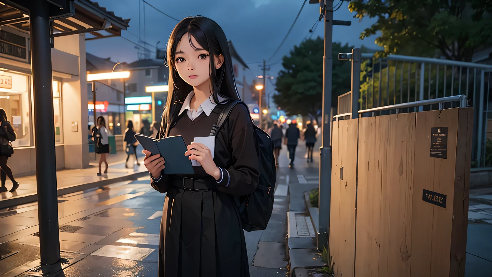 a young woman in her late s with long, straight black hair and expressive brown eyes. smling in nervours face, wearing a Thai University outfit, carries a backpack and a notebook partially visible. Standing in fornt of bus stop in campus. the tone of the scene is in the warm evening , after the rain.