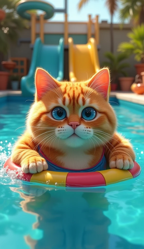 Make a picture of a fat obese orange cat, blue eyes, wear a swimsuit, swimming using a buoy facing the camera, with a swimming pool and waterboom background, full body, wide, super realistic 8k images