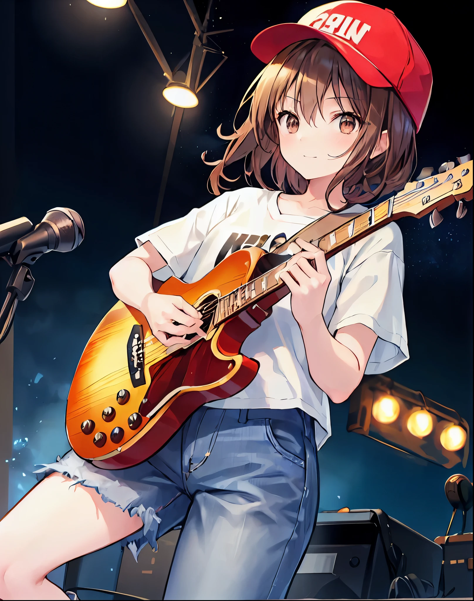 路上でguitarを弾くアニメの，Brown Hair，Shortcuts，Messy Hair，Slender beauty，A dignified posture，Small chest，Beautiful feet，Her captivating grey-blue eyes shine like stars，meet, Azusa Nakano, , (Brown eyes:1.5),,Baseball cap,Oversized T-shirt,Short sleeve,jeans,short boots,Instrument playing, Stage Performance, hot air,Happy atmosphere,Standing Up，スタンドマイクの前でguitarを弾きながら熱唱,guitar(Red Mustang),On the forehead,Sing with your mouth open,smile,,night,moonlight,whole bodyがイラストに入るように,
break outdoors, construction area,
break looking at viewer, whole body,
break (masterpiece:1.2), Highest quality, High resolution, unity 8k wallpaper, (shape:0.8), (Beautiful attention to detail:1.6), Highly detailed face, Perfect lighting, Extremely detailed CG, (Perfect hands, Perfect Anatomy),