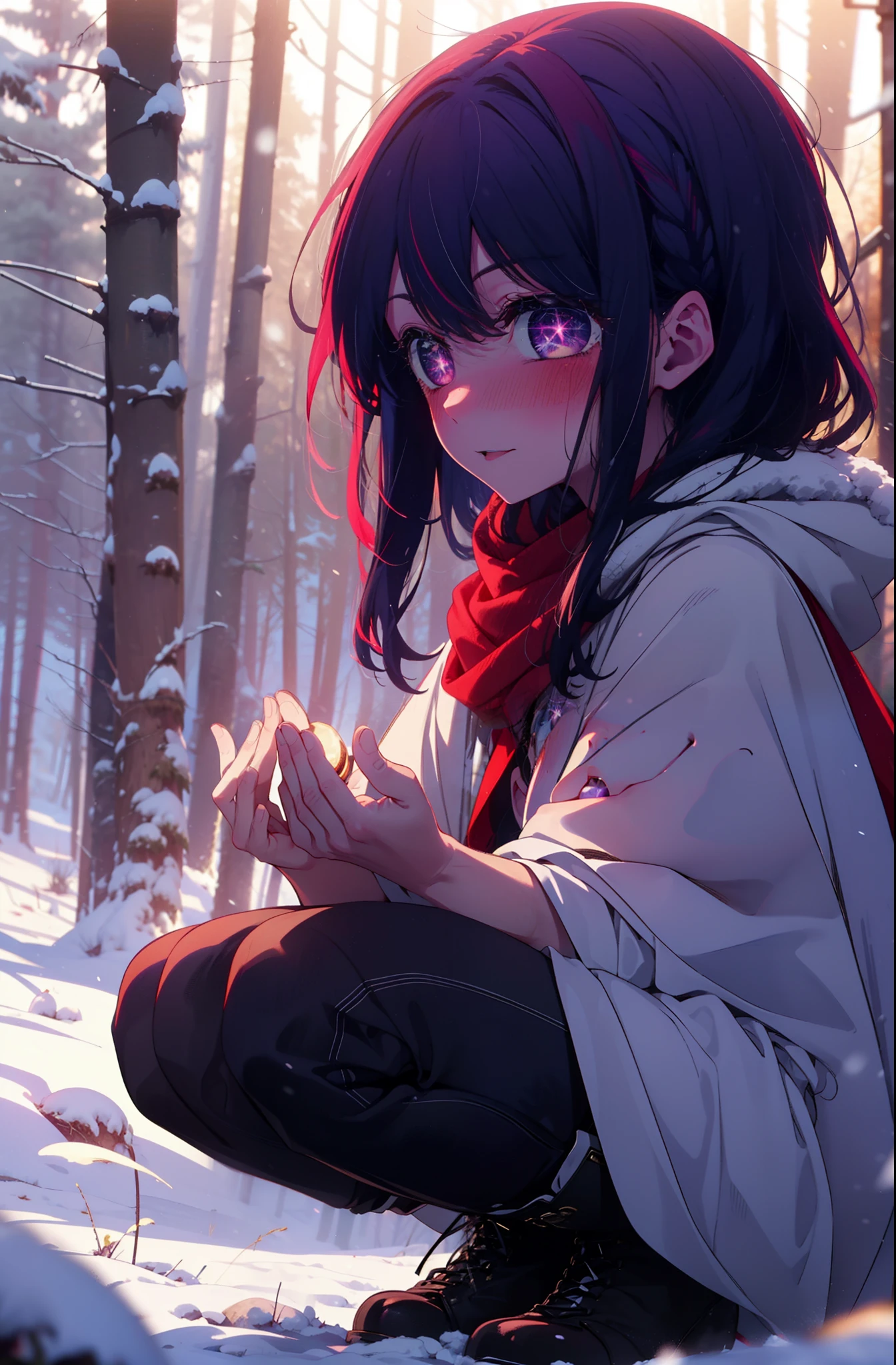 aihoshino, Ai Hoshino, Long Hair, bangs, (Purple eyes:1.1), Purple Hair, (Symbol-shaped pupil:1.5), smile,,smile,blush,white breath,
Open your mouth,snow,Ground bonfire, Outdoor, boots, snowing, From the side, wood, suitcase, Cape, Blurred, , forest, White handbag, nature,  Squat, Mouth closed, Cape, winter, Written boundary depth, Black shoes, red Cape break looking at viewer, Upper Body, whole body, break Outdoor, forest, nature, break (masterpiece:1.2), Highest quality, High resolution, unity 8k wallpaper, (shape:0.8), (Beautiful and beautiful eyes:1.6), Highly detailed face, Perfect lighting, Highly detailed CG, (Perfect hands, Perfect Anatomy),