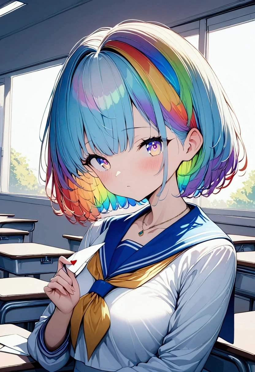 (((anime))) One Woman,Hand over the letter,Gal,Short Hair,Messy short bob,(Rainbow Hair),Oblique bangs,One eye is hidden,Blushing,necklace,avert your eyes,Rainbow Eyes,Big eyes Sailor suit,Volume sleeve,classroom,sunlight,masterpiece,Highest quality,Exquisite,8k,Absurd,Ultra-fine illustrations,(View your audience)