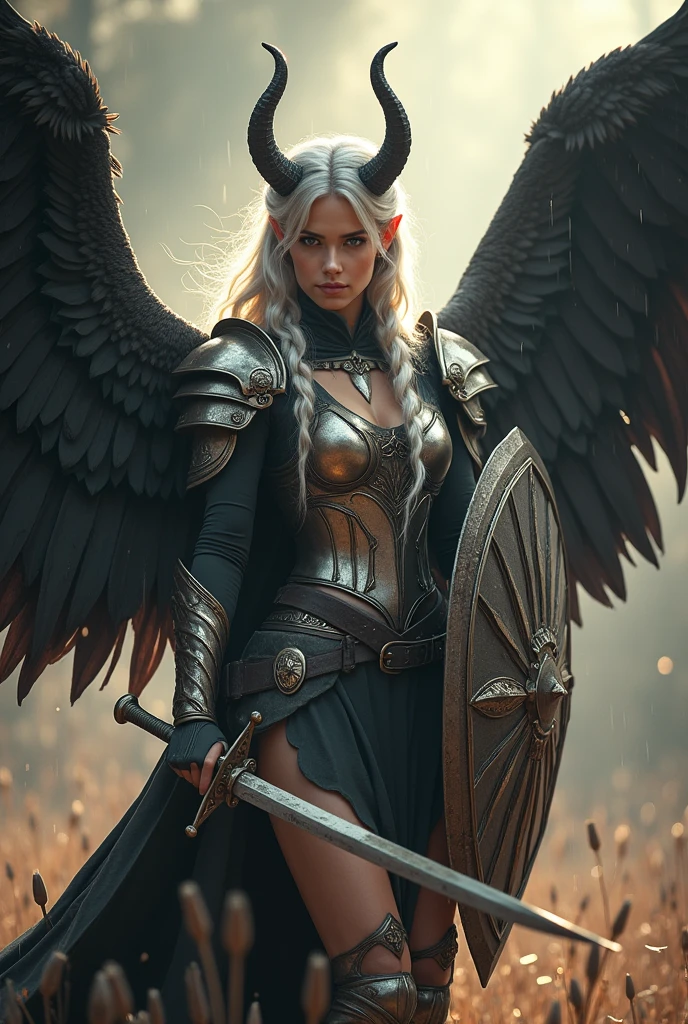 image of a {1elven stunning pose, WARRIOR, iconic attacking stance, swinging sword, photo_model pose, holding sword, bright shining SHIELD, royal regalia robe, perfect proportional anatomy, girl with high heels, silver long hair, multi braid hair, bright shining armor, rain of arrows, battlefight, UHD, intricate detailed, 8k, best quality ever, masterpiece, super detailed, unleashed creativity, beyond imagination, dramatic light, gradient motion color background}, rough, massive bright shining light all over the background, arrows rain, weathered and textured, slow shutter speed motion photography, shot on Fuji Film XT4 camera f/1.2. ISO 200, horned girl, devil horns, elf ears, cleavage, thigh, short skirt, sexy, wide black wings