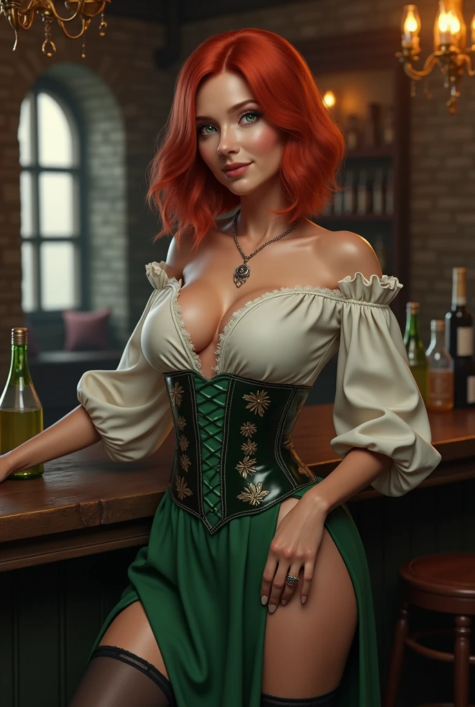socalexia, alexiabarkeep, a beautiful woman, exquisite detailed face, long eyelashes, detailed eyes, detailed lips, delicate facial features, red hair bob cut, jewelry necklace, green eyes, lips, large breasts, cleavage, collarbone, off shoulder white shirt, green dress, green skirt with side split, german clothes, dirndl, bare shoulders, green corset, black thighhighs, intricate stitching.
BREAK. smiling. BREAK. Dramatic lighting, cinematic composition, cinematic, hyperrealistic, photorealistic, 8k, masterpiece, hyper detailed, chiaroscuro lighting BREAK, BREAK, Setting is interior rustic fantasy tavern.