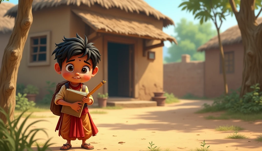 **Babul's Decision**: "A small Indian village boy named Babul, mischievous and playful, deciding to find a real lion instead of drawing it for his homework. The boy, wearing traditional village clothes, is standing near a rustic school building with a determined look on his face, holding a pencil and notebook."