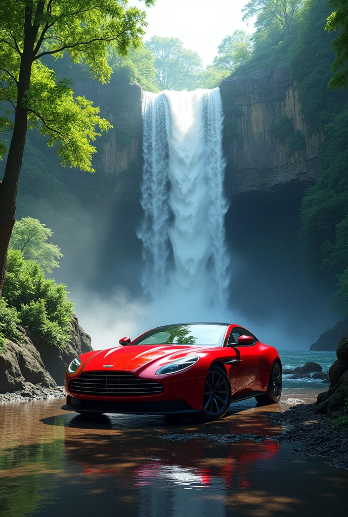 A red car which is infront of waterfall and greeny forest .