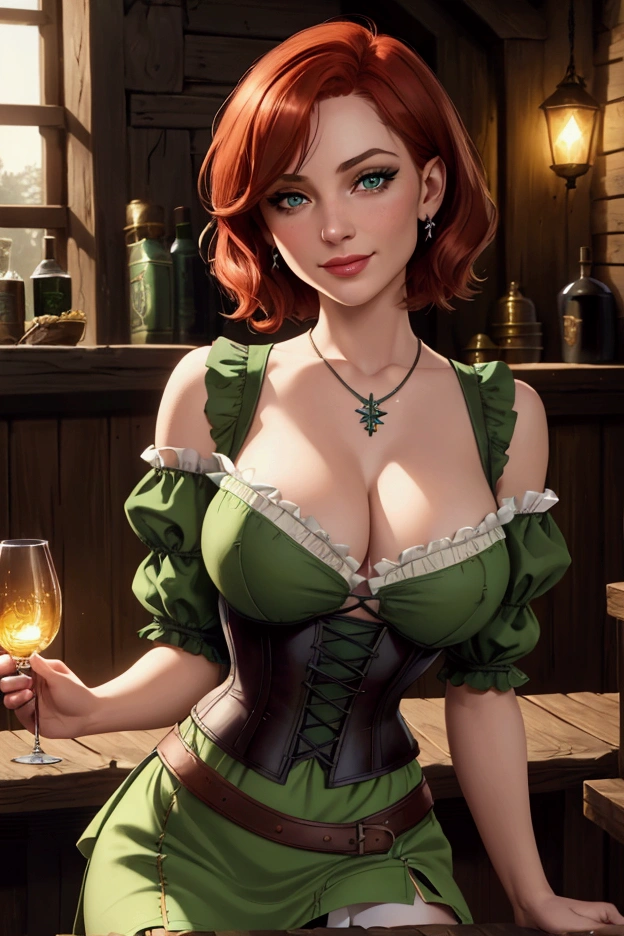 socalexia, alexiabarkeep, a beautiful woman, exquisite detailed face, long eyelashes, detailed eyes, detailed lips, delicate facial features, red hair bob cut, jewelry necklace, green eyes, lips, large breasts, cleavage, collarbone, off shoulder white shirt, green dress, green skirt with side split, german clothes, dirndl, bare shoulders, green corset, black thighhighs, intricate stitching. BREAK. smiling. BREAK. Dramatic lighting, cinematic composition, cinematic, hyperrealistic, photorealistic, 8k, masterpiece, hyper detailed, chiaroscuro lighting BREAK, BREAK, Setting is interior rustic fantasy tavern.