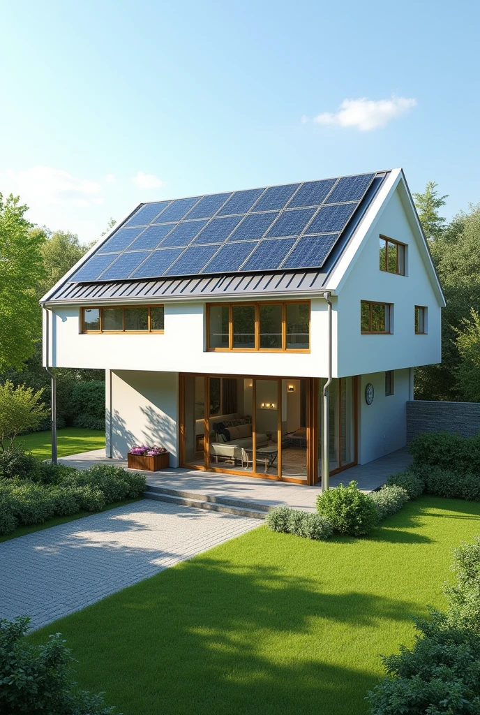 sketch a design of 2 story residential house with solar panel and rain induce