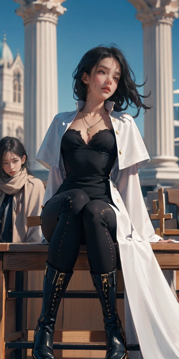 (masterpiece, Highest quality), (High resolution, Very detailed), (Perfect Anatomy), Outdoor, One person, alone, dress, interjection, Large Breasts, Sunburn, necklace, White sleeves, Knee socks, Muscular, Thighs, whole body, Priestessess, church, Devout, pants, coat, pull, boots, Bodysuits, bigdress, Biglobe,black Bodysuits, ハイboots, Feet together, From toe to head,nfsw