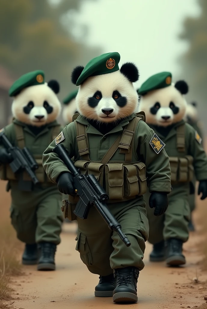 Dressed as a Mexican special forces soldier、Wearing a green beret、A group of live-action pandas with evil looks marching