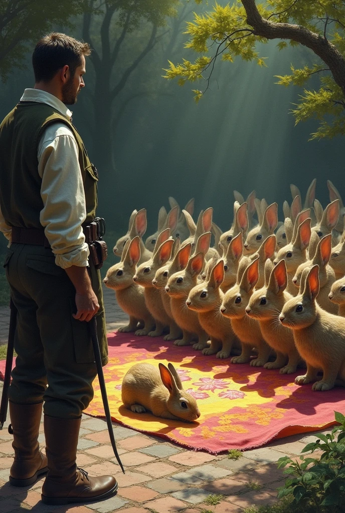 The hunter witnessing a group of rabbits united in a warrant and a solitary one lying on a colorful cloth on a brick.