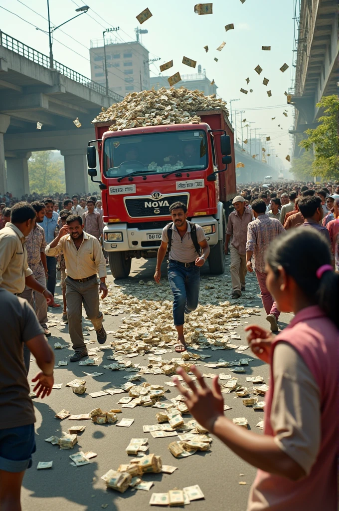 A photo of a truck driving on an Indian highway. Money is falling out of the truck, and people are picking it up. The truck is driving past a bridge and there are buildings in the background. The ground is covered with money. People of various ages, genders, and outfits are picking up the money. The overall image has a chaotic and lively atmosphere.