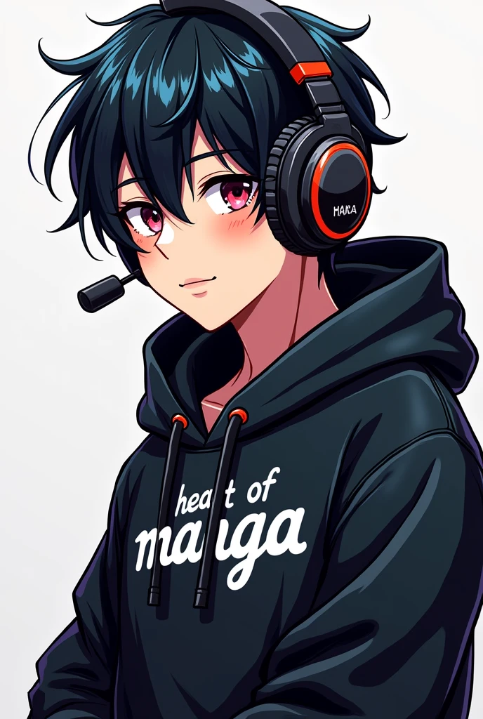 (manga Animation) a handsome boy in a black hoddie and glass and a big gaming microphone in his head and in his hoddie writing Heart Of Manga