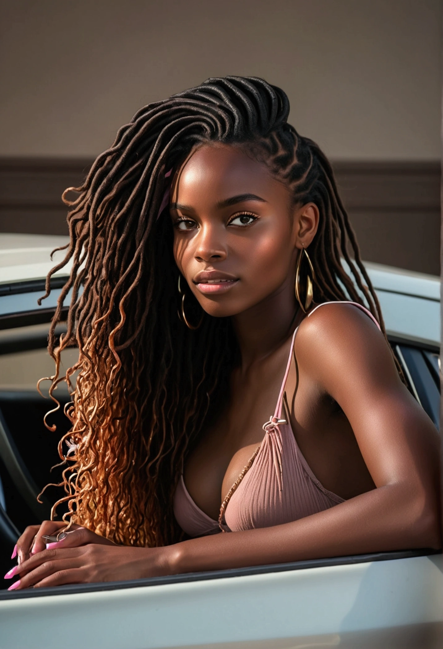 A close up of stunningly beautiful dark skinned African American woman with long brown dreadlocks with highlights on the ends Driving a sparkly pink lamborghini on a beautiful summers day, looking at the camera in a sexy & sensual gaze, realistic, photorealistic