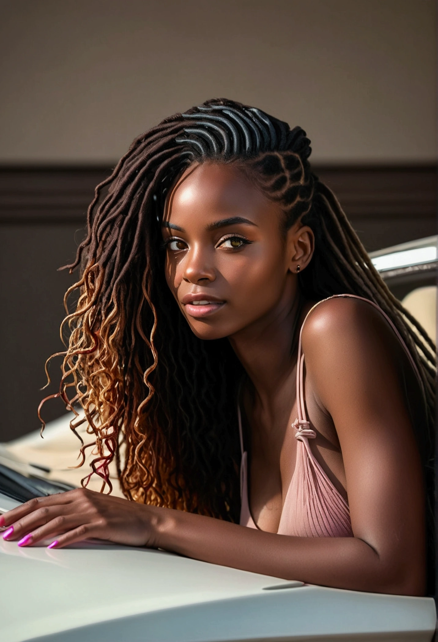 A close up of stunningly beautiful dark skinned African American woman with long brown dreadlocks with highlights on the ends Driving a sparkly pink lamborghini on a beautiful summers day, looking at the camera in a sexy & sensual gaze, realistic, photorealistic
