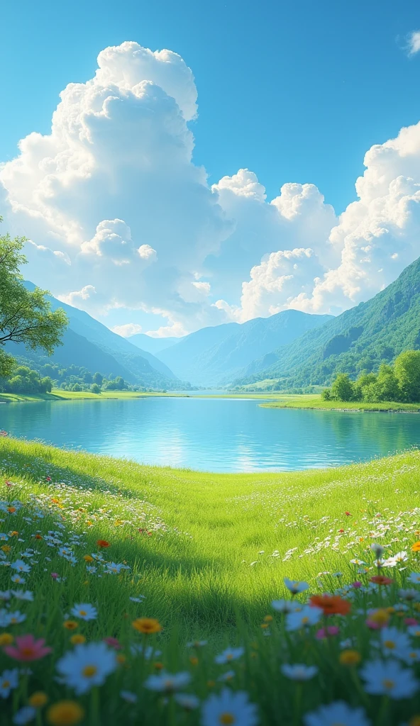 summer，grassland，Hundreds of tiny flowers，Clear lake，Big Clouds，blue sky，Scorching weather，High-resolution details，Hyper Detail，，Soft Light，Deep focus bokeh，In the distance you can see the mountains々is，Ray Tracing and Surrealism。 --v6