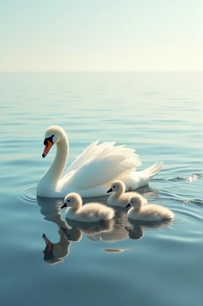 A mother swan looking over her chicks with care in her eyes while swimming in the sea to symbolise mother's protection