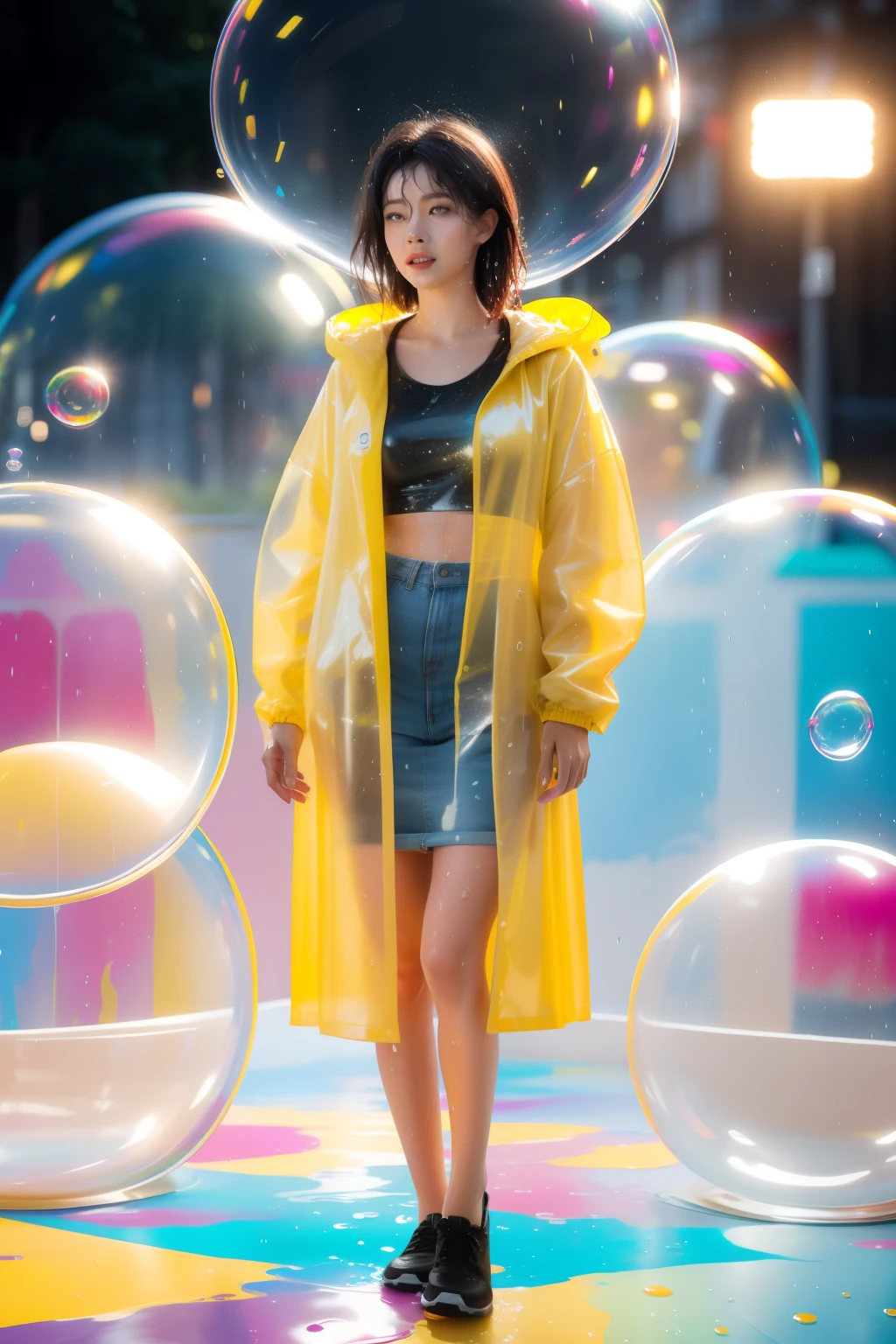 A woman rushed to the audience's full-body movie photo, wearing a yellow raincoat standing in a bubble abstract color painting, paint splash, wet hair, paint rain, soft and smooth shapes, various bright and soft colors, and abstract and simple The background forms a contrast, 35mm photo, movie lighting, bokeh, professional, 4K, very detailed,