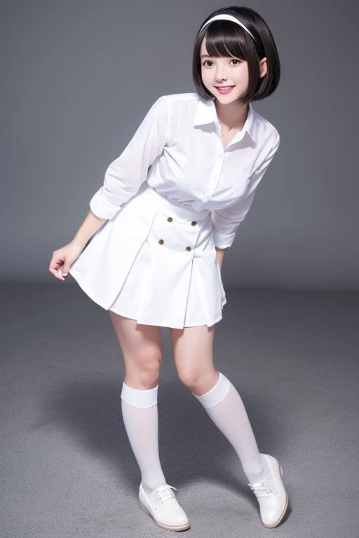 White knee-high socks、White dress shirt、White mini skirt、White pumps、Japanese women、whole body、Black Hair、short hair、Standing posture、smile、One person, High resolution, Gaze, Anatomically correct, Highest quality、20-year-old