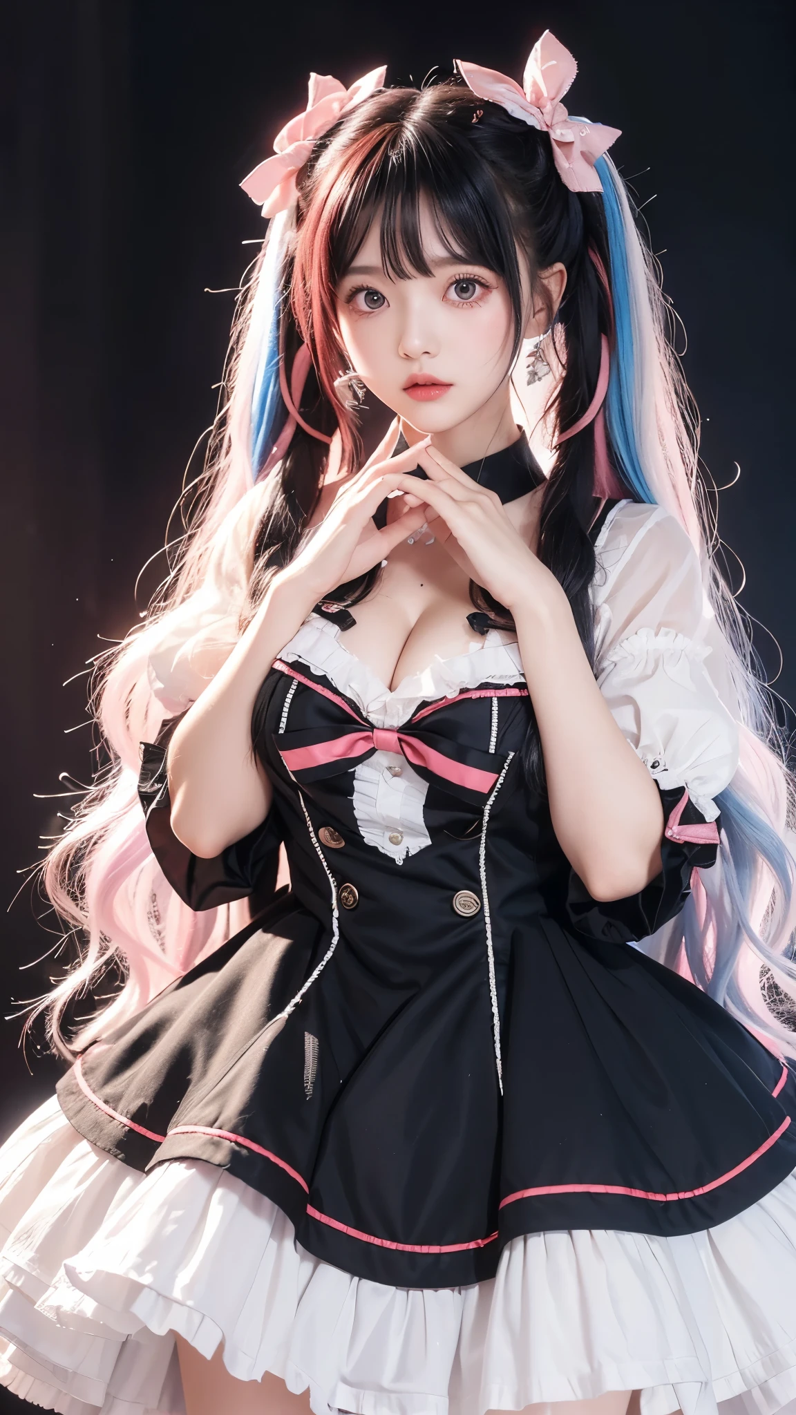 1girl, yorumi rena, virtual youtuber, solo, multicolored hair, twintails, gloves, black hair, white gloves, split-color hair, long hair, breasts, own hands together, puffy sleeves, short sleeves, grey hair, two-tone hair, streaked hair, puffy short sleeves, red eyes, bow, hair ornament, cleavage, parted lips, hands up, hair bobbles, dress, own hands clasped, blush, upper body, very long hair, medium breasts, hair bow, ribbon, red hair, black bow, vertical-striped dress, hair ribbon, pink hair, ahoge, vertical-striped clothes, striped dress, interlocked fingers, black dress
