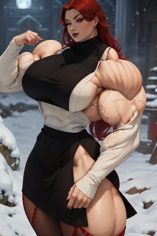 (Close-up), tall, (red hair), beautiful muscular asian woman, long hair, pale white skinned, closed smile, (black lipstick), ((massive muscles)), (hyper muscle), ((ginormous bulky muscles)), yellow eyes, (((beautiful red long sleeve turtleneck sweater dress))), ((pantyhose)), brown boots, choker, snow field