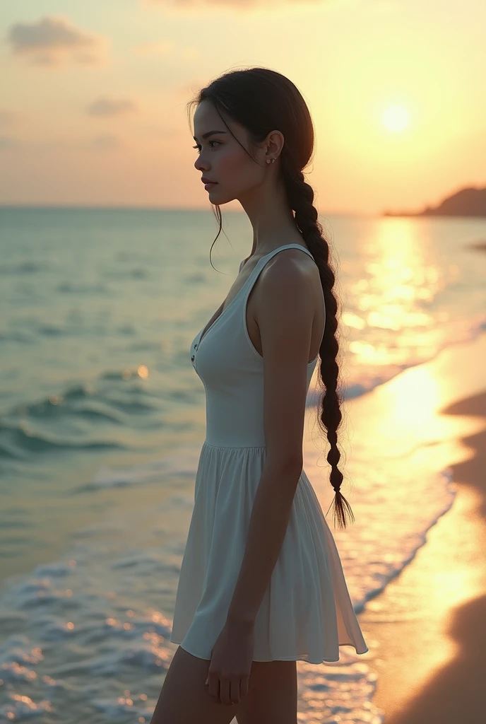 (Best Quality, 4K, High definition), 1 woman, Cool appearance,black braid hair, long,Realistic depiction, outside the house,setting sun,background,standing on the beach,front view, turn your face to the side,looking away,bare-legged,Freshening morning,Shimmering light,Sideways,Turn your face to the side,Eyes fixed on the sea,Eyes looking away,Cold eyes,stroll,Freshening colors,White sleeveless,long one-piece dresses,Shirt,white small,Cold Woman,A bright walk,Another of summer,Despressing