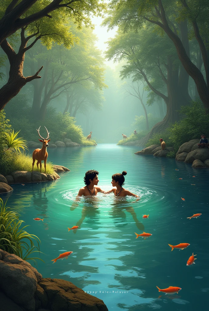A river where Lord krisna and his friend sudama are swiming and background are surrounde by forest and wild animal