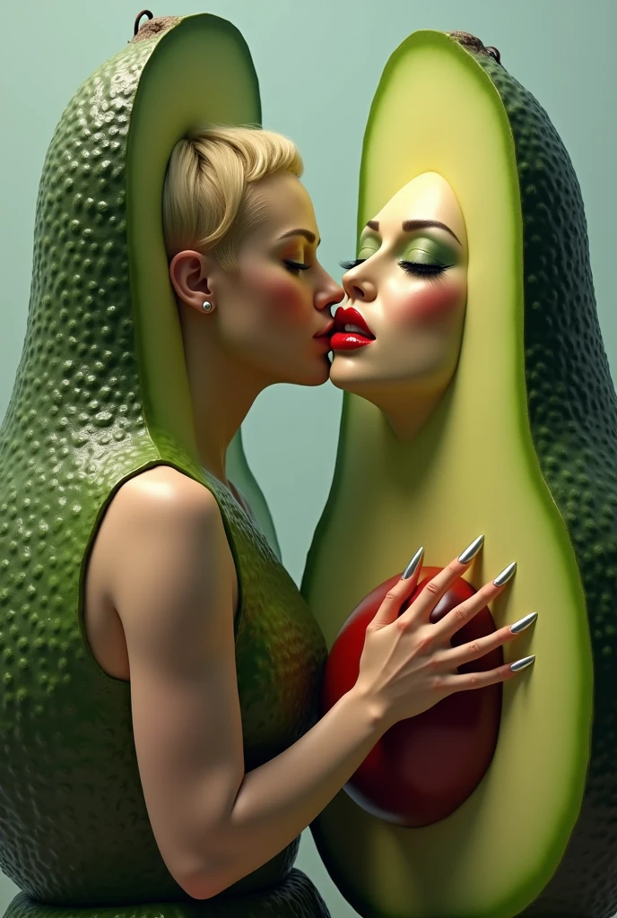 Adele kissing a giant humanoid avocado with sexy face wearing lipstick and long acrylic nails