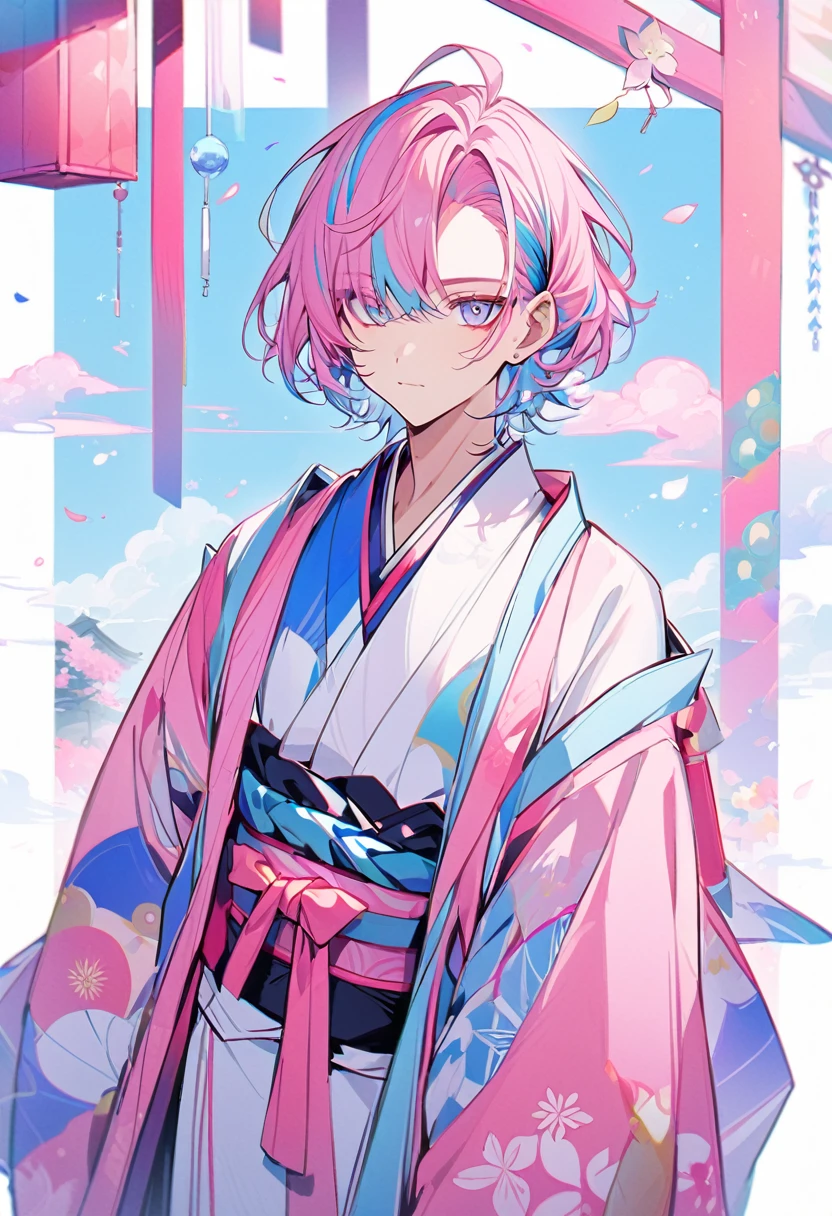 good looking, alone, 1 male, Bob Hair, Pink Hair, Blue highlights on hair tips, Blue and pink eyes, Pink and blue clothes、Cool vibe, Japanese style, Kimono、poet、