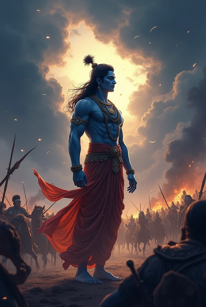 Shree Krishna in Mahabharata Yudh black clouds anime like