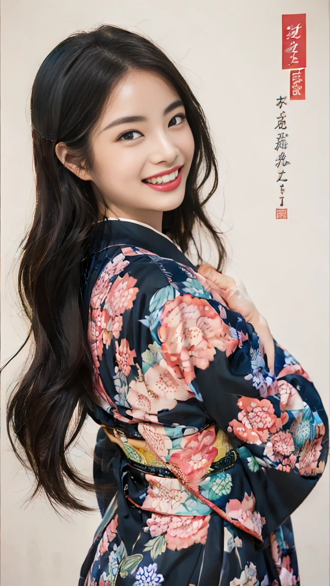 (SeaArt creates stunning illustrations of beautiful women in kimono)、Vividly colored Japanese Ukiyo-e style illustrations、A beautiful woman smiles and shows her upper white teeth、Brown-black long hair、Beautiful full body style、If you want to dance, let's dance, Tokyo Ondo, Yoi Yoi、Beautiful new digital paintings,、Bright vibrant digital anime art、 Beautiful anime portraits、background,Torii gate front of Japanese shrine、 Detailed digital anime art