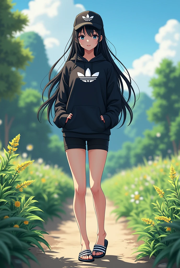 (photorealism:1.2), beautiful anime girl, long black hair, wear black adidas striped slippers white and black, black eyes, barefoot, wear black adidas cap, wear black adidas hood, wear black adidas hot pants, background is countryside