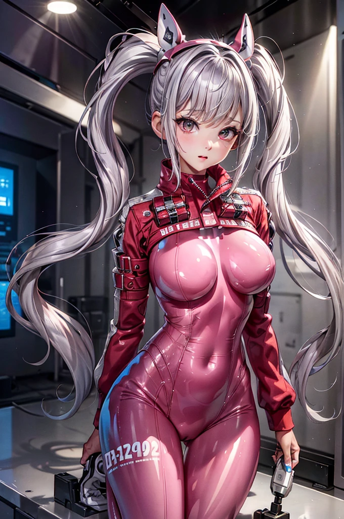 (highest quality), pretty girl, gray hair, double tail, Alice (nod), latex, plug suit, masterpiece，complex scene