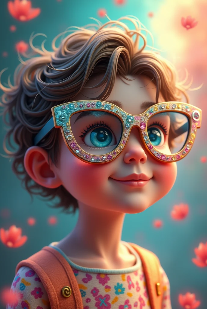 A 3D image of a child wearing beautiful glasses. The image combines different colors and the colors black and white.