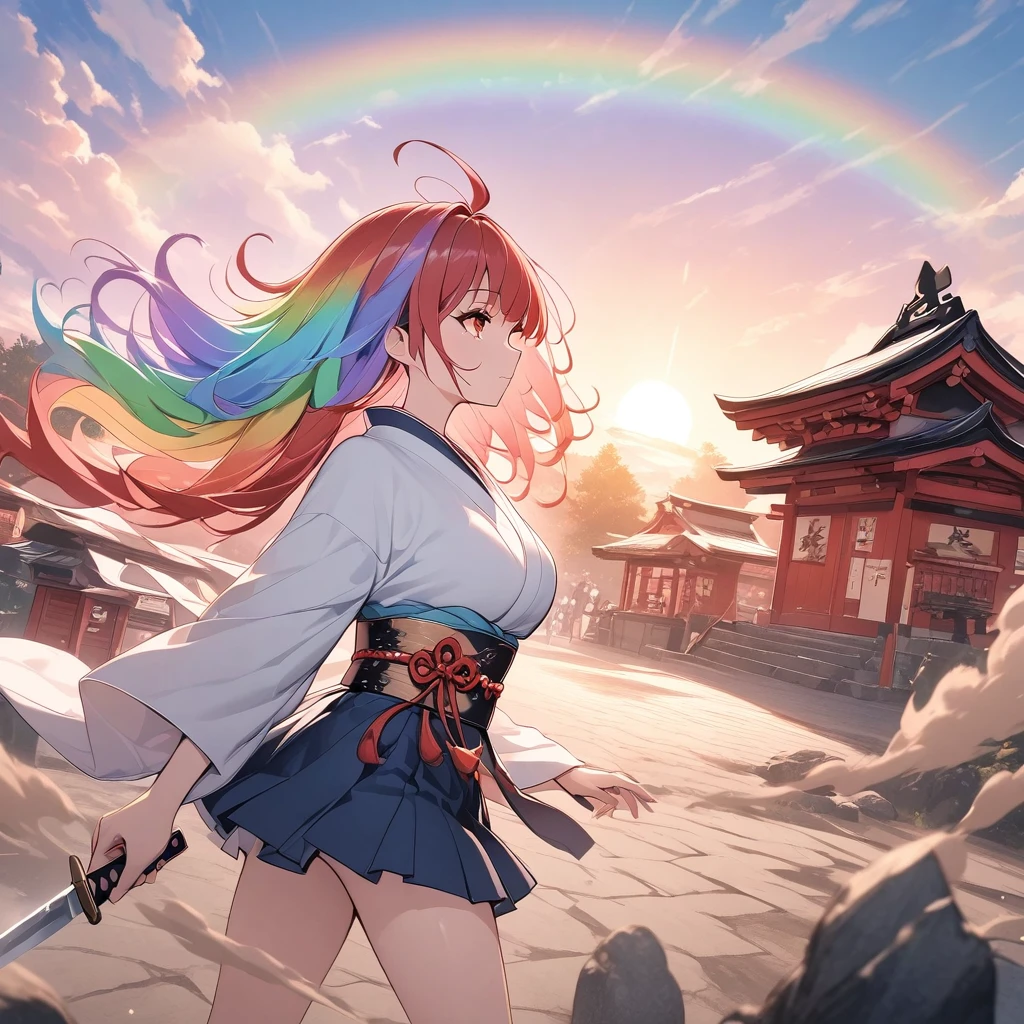 One woman,samurai,knife,日本knife,虹色に光るknife身,Holding it with both hands, the woman is wearing a kimono,mini skirt,stand,Blowing in the Wind ((Red eyes,Rainbow Hair)) The woman is a survival game avatar,Whole body,profile,One eye, dust dances in the air,A little blurry,sunset,sun,shrine,Fantasy