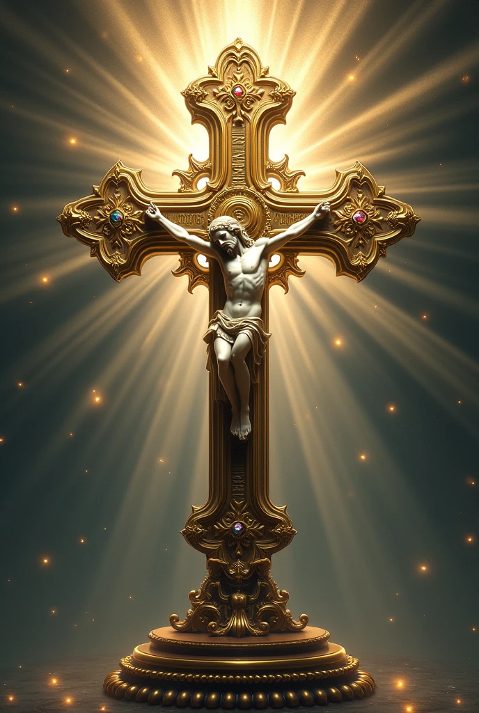 Create an image of a sacred crucifix totally Christian and Catholic image with total respect and divinity with the image of the Lord Jesus Christ crucified the environment is sacred and enlightened image of Christianity demonstrating something Christian