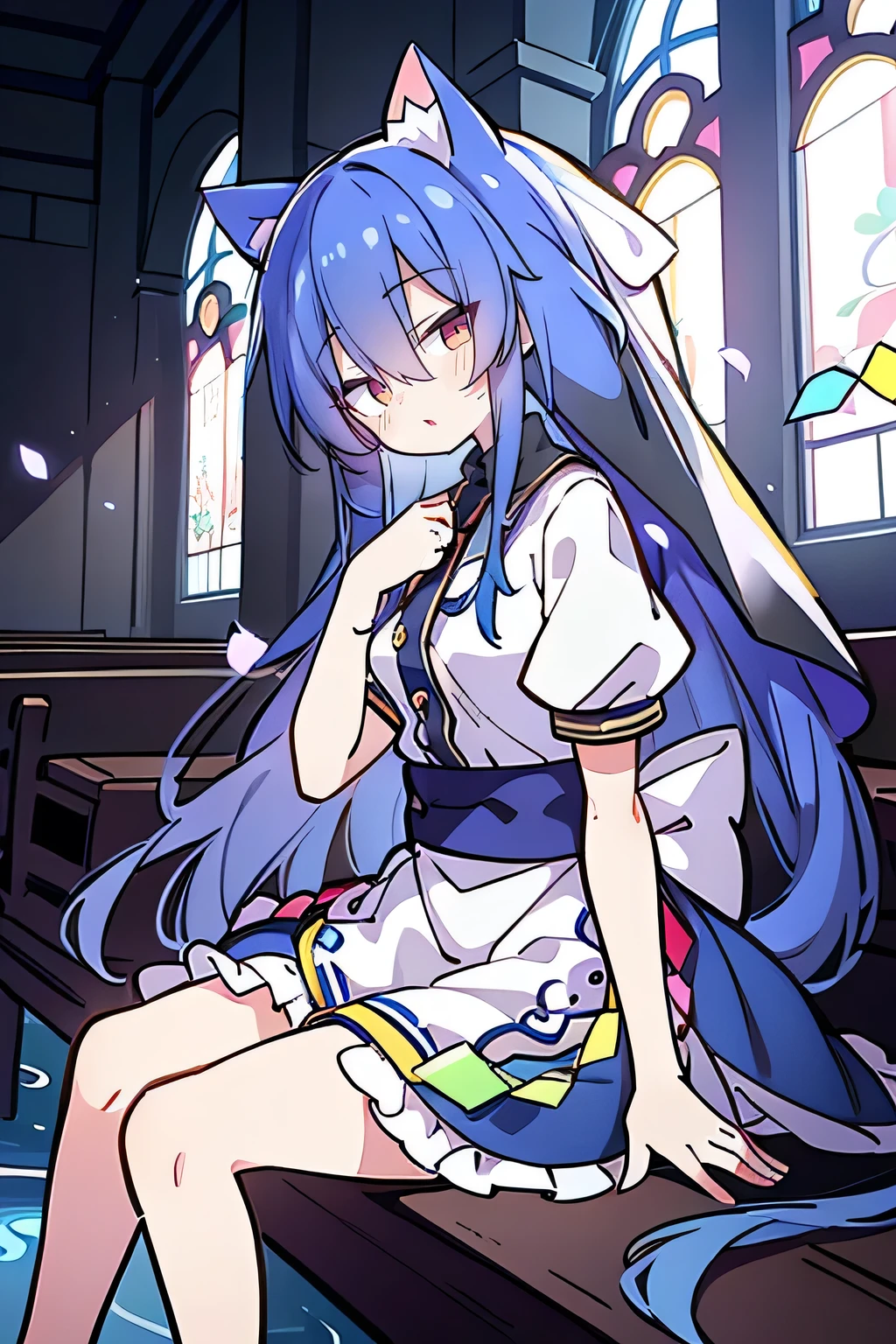 (masterpiece:1.2),Extremely detailed,Practical,expressive eyes,Fair skin,Perfect face shaping,1 Girl,
Japanese cartoons,Gorgeous blue hair, the long flowing blue hair,Floating clothes,Cat ears,Petals fall,beautiful lola,Young Angel,
Place your hands on your waist,sit elegantly on the ground,Cross your legs,Gentle and peaceful background,church,nun，Place your hand on your lips，Shy face。