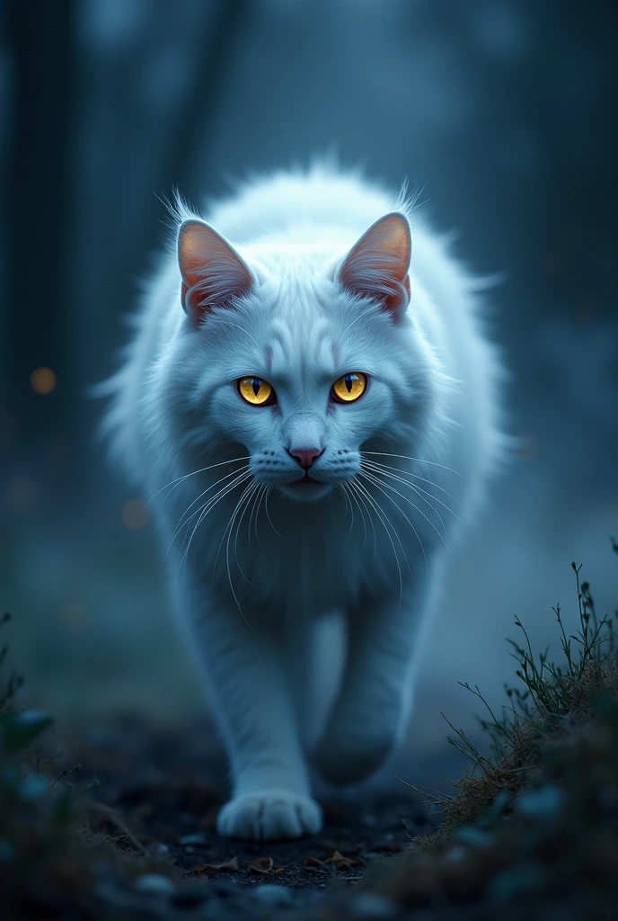 Un chat blanc la nuit avec les yeux qui brillent