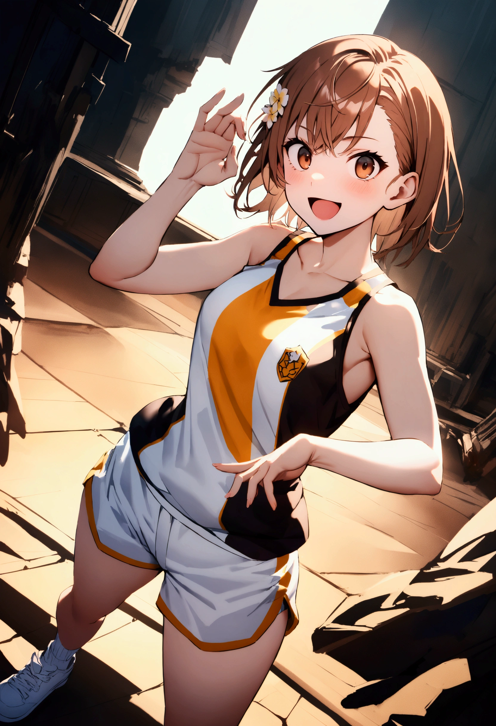 Misaka Mikoto、solo、、Tokiwadai Athletics uniform、School emblem、Multicolored Tank Top、Multicolored shorts、White shorts、Loose-fitting clothing、Matching clothes、White shoes、Multicolored shoes、hair ornaments、Brown eyes、Brown Hair、Short Hair、Watching the viewer、Scream、Smile、Medium chest、Are standing、outside、Evasion Pose、Combat Stance、Shooting pose、
