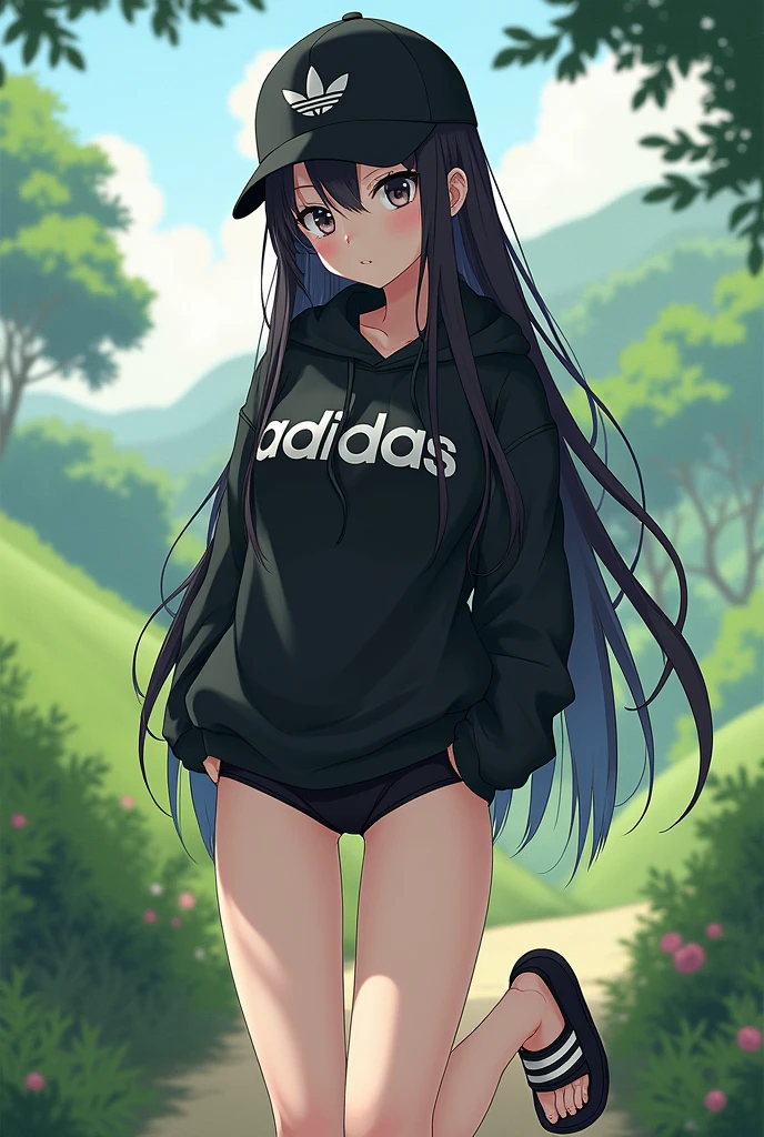 (photorealism:1.2), beautiful anime girl, long black hair, wear black adidas striped slippers white and black, black eyes, barefoot, wear black adidas cap, wear black adidas hood, wear black adidas hot pants, background is countryside