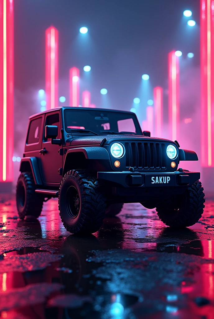 A black mahindra Thar standing in neon light