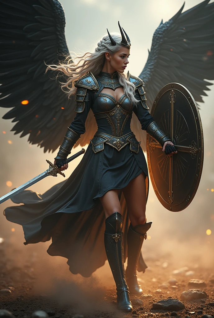 image of a {1elven stunning pose, WARRIOR, iconic attacking stance, swinging sword, photo_model pose, holding sword, bright shining SHIELD, royal regalia robe, perfect proportional anatomy, girl with high heels, silver long hair, multi braid hair, bright shining armor, rain of arrows, battlefight, UHD, intricate detailed, 8k, best quality ever, masterpiece, super detailed, unleashed creativity, beyond imagination, dramatic light, gradient motion color background}, rough, massive bright shining light all over the background, arrows rain, weathered and textured, slow shutter speed motion photography, shot on Fuji Film XT4 camera f/1.2. ISO 200, horned girl, devil horns, elf ears, cleavage, thigh, short skirt, sexy, wide black wings