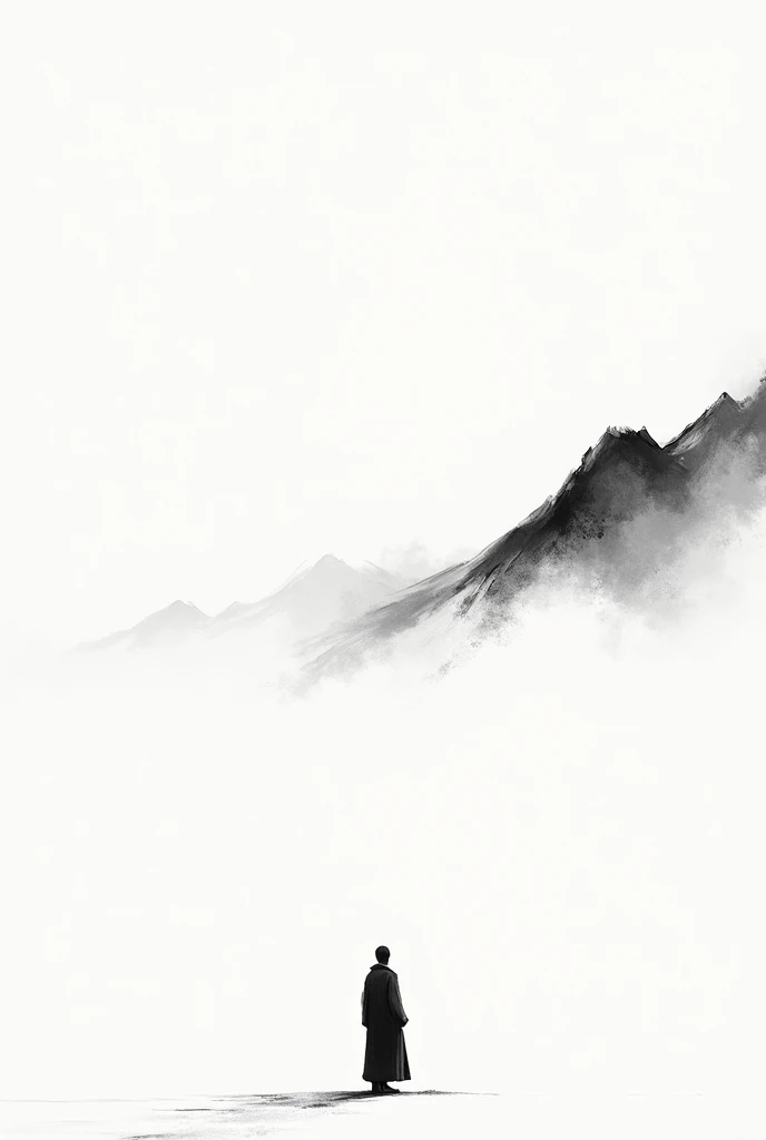 Lots of white space ，White background, simple, Minimalism, Abstract,Hand Painted，Aesthetic，black and white，Ink Painting，，a mountain，Man looking into the distance，Monk，一幅Abstract的艺术插图, author：Xu Shuai, Arte no estilo de Gu Weiss, Shin Jin Hye, Obra-prima de Gu Weiss, Ross Figure 1. 0, Beautiful digital illustrations, Inspired by Non-WLOP, simple數位藝術, jingna zhang, Gu Weiss, Stunning digital illustrations