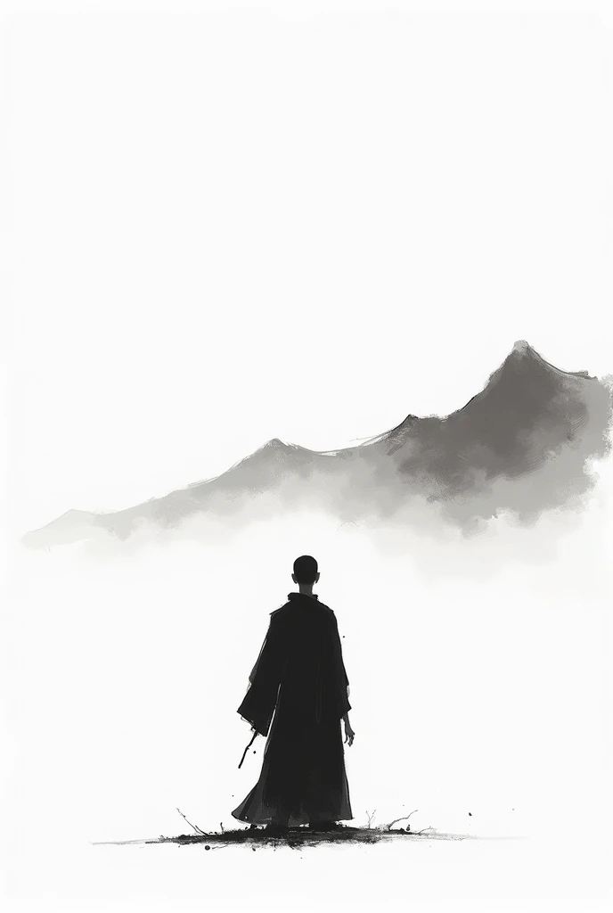 Lots of white space ,White background, simple, Minimalism, Abstract,Hand Painted,Aesthetic,black and white,Ink Painting,,a mountain,Man looking into the distance,Monk,一幅Abstract的艺术插图, author:Xu Shuai, Arte no estilo de Gu Weiss, Shin Jin Hye, Obra-prima de Gu Weiss, Ross Figure 1. 0, Beautiful digital illustrations, Inspired by Non-WLOP, simple數位藝術, jingna zhang, Gu Weiss, Stunning digital illustrations