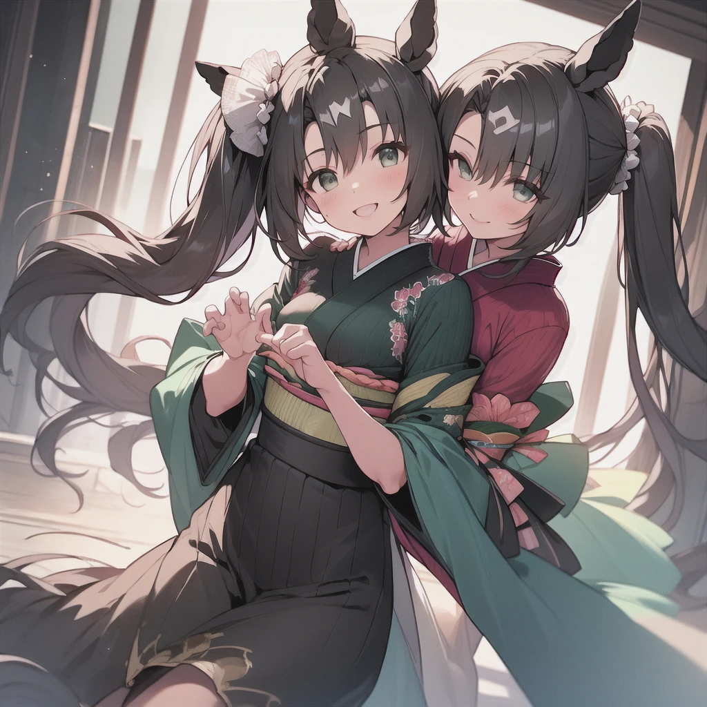 Highest quality、Highest quality、Highest Resolution、masterpiece、Anime Drawing、独奏、1 person。((green shoulderless long knit、kimono))。pantyhose。lipstick、smile。Glamorous Body、Beautiful breasts、Touch your head with your hand、Active Posing。Black Hair、Long Hair、ponytail。Lots of hair ornaments。Beautiful child with horse ears。Night Sky、Strong winds、Chest centered。