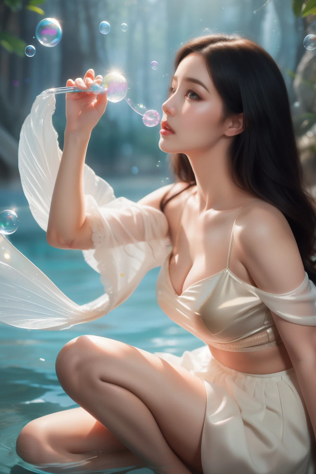 A painting, this painting depicts a woman in a skirt blowing bubbles, Royish and Wallop, ethereal bubbles, Mobis Royish and Wallop, dreamy and detailed, intricate Wallop, close-up fantasy and water magic, fairy tale artwork, fairy tale painting, Anna Dittman (Anna Dittman) style, Wallopart, realistic fantasy, Artgerm Julie Bell Bebieb,