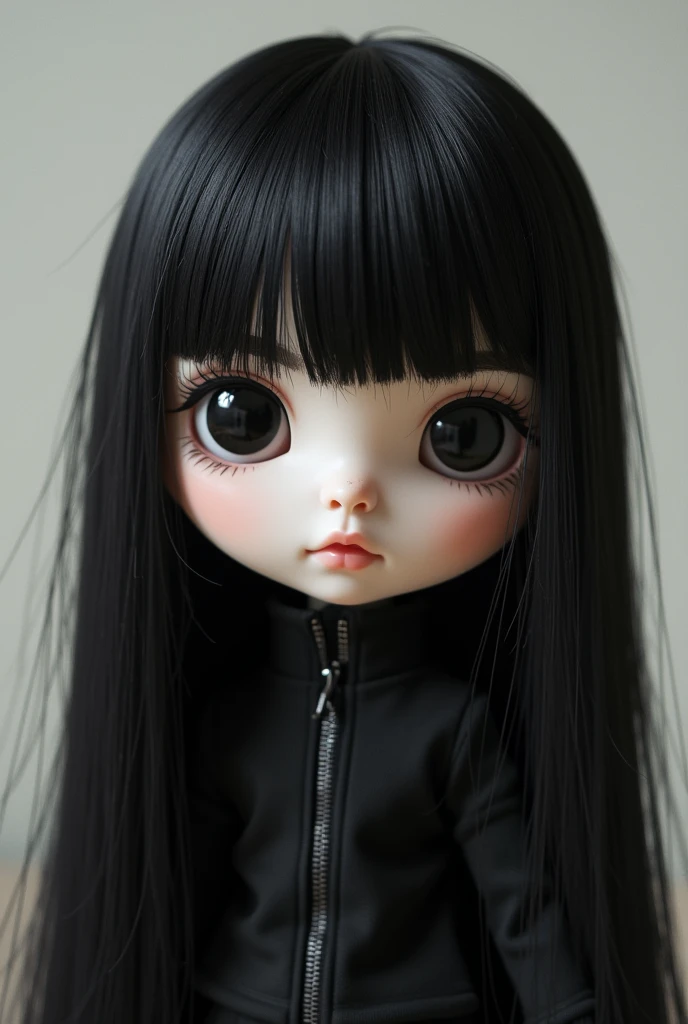 You can create an image of a byte doll with straight black hair, king, not so big black eyes, Wide nose, piel king, small eyes and a sparse fringe that reaches below the eyebrows 